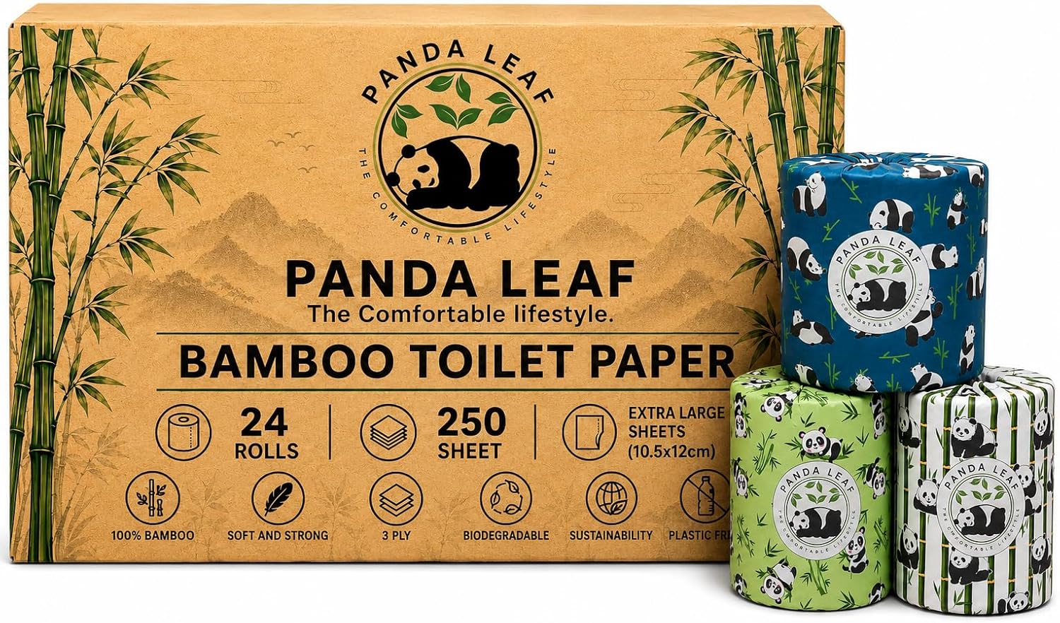 Panda Leaf premium bamboo toilet paper 24-roll pack, 3-ply ultra-soft, strong, 250 sheets per roll, plastic-free packaging.
