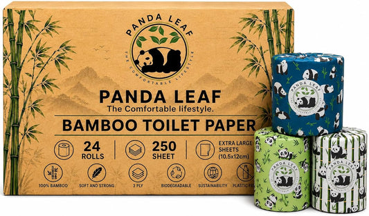 Panda Leaf Premium Bamboo Toilet Paper 24 Rolls Pack – 3 Ply Ultra Soft & Strong, 250 Sheets Per Roll, 10.5x12cm Sheets, Plastic-Free Packaging