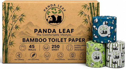 Panda Leaf Premium Bamboo Toilet Paper 45 Rolls Pack – 3 Ply Ultra Soft & Strong, 250 Sheets Per Roll, 10.5x12cm Sheets, Plastic-Free Packaging