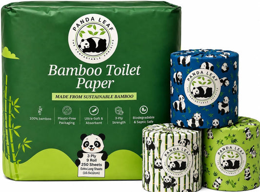 Panda Leaf Premium Bamboo Toilet Paper 9 Rolls Pack – 3 Ply Ultra Soft & Strong, 250 Sheets Per Roll, 10.5x12cm Sheets, Plastic-Free Packaging