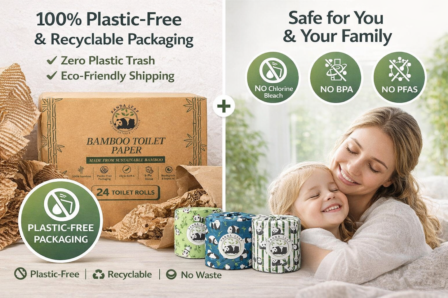 panda leaf premium bamboo toilet paper 24 rolls pack – 3 ply ultra soft & strong, 250 sheets per roll, 10.5x12cm sheets, plastic-free packaging