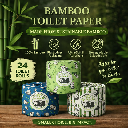 Panda Leaf Premium Bamboo Toilet Paper 24 Rolls Pack – 3 Ply Ultra Soft & Strong, 250 Sheets Per Roll, 10.5x12cm Sheets, Plastic-Free Packaging
