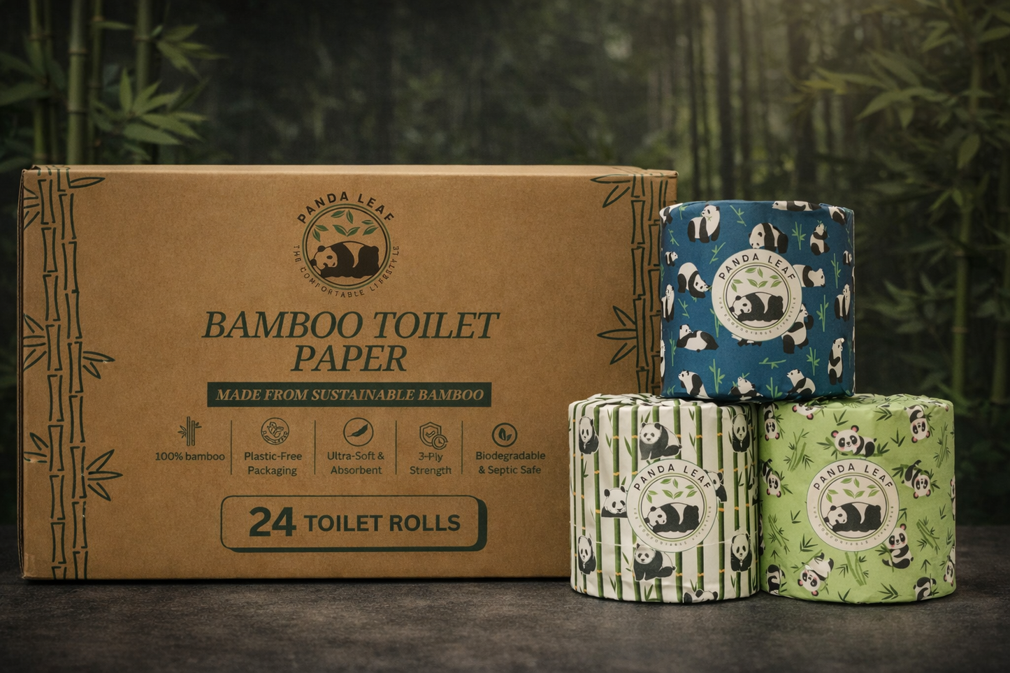 panda leaf premium bamboo toilet paper 24 rolls pack – 3 ply ultra soft & strong, 250 sheets per roll, 10.5x12cm sheets, plastic-free packaging