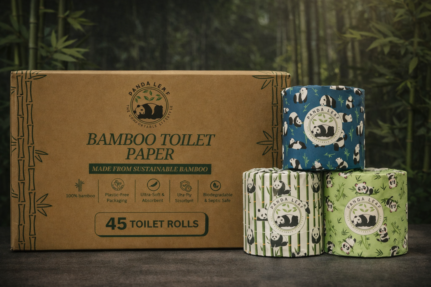panda leaf premium bamboo toilet paper 45 rolls – 3 ply ultra soft & strong, 250 sheets per roll, extra large sheets, plastic-free packaging, biodegradable & septic safe