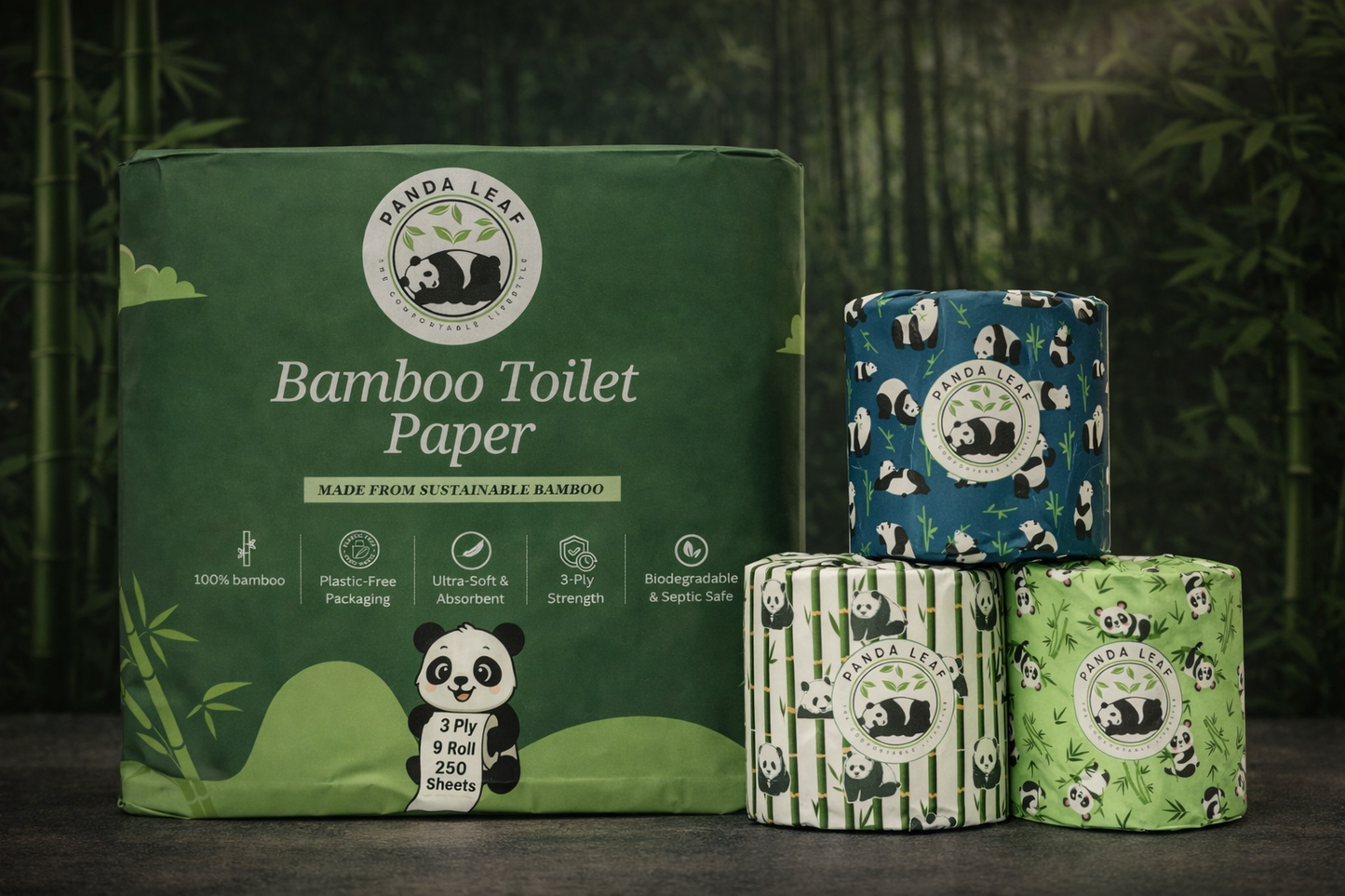 panda leaf premium bamboo toilet paper 9 rolls – 3 ply ultra soft & strong, 250 sheets per roll, extra large sheets, plastic-free packaging, biodegradable & septic safe
