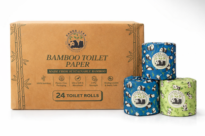 Panda Leaf Premium Bamboo Toilet Paper 24 Rolls Pack – 3 Ply Ultra Soft & Strong, 250 Sheets Per Roll, 10.5x12cm Sheets, Plastic-Free Packaging