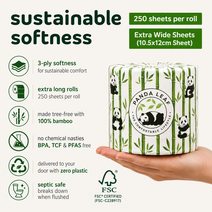 Panda Leaf bamboo toilet paper 45 rolls, 3-ply ultra soft and strong, with 250 sheets per roll, plastic-free packaging.