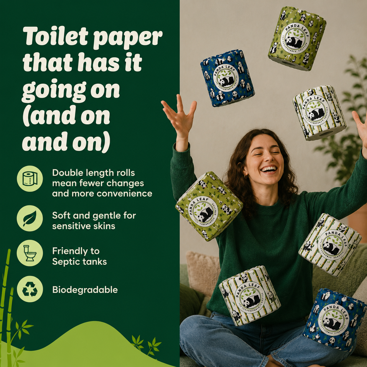 panda leaf bamboo toilet paper 45-roll pack with 3-ply ultra-soft sheets, plastic-free packaging, 250 sheets per roll, 10.5x12cm