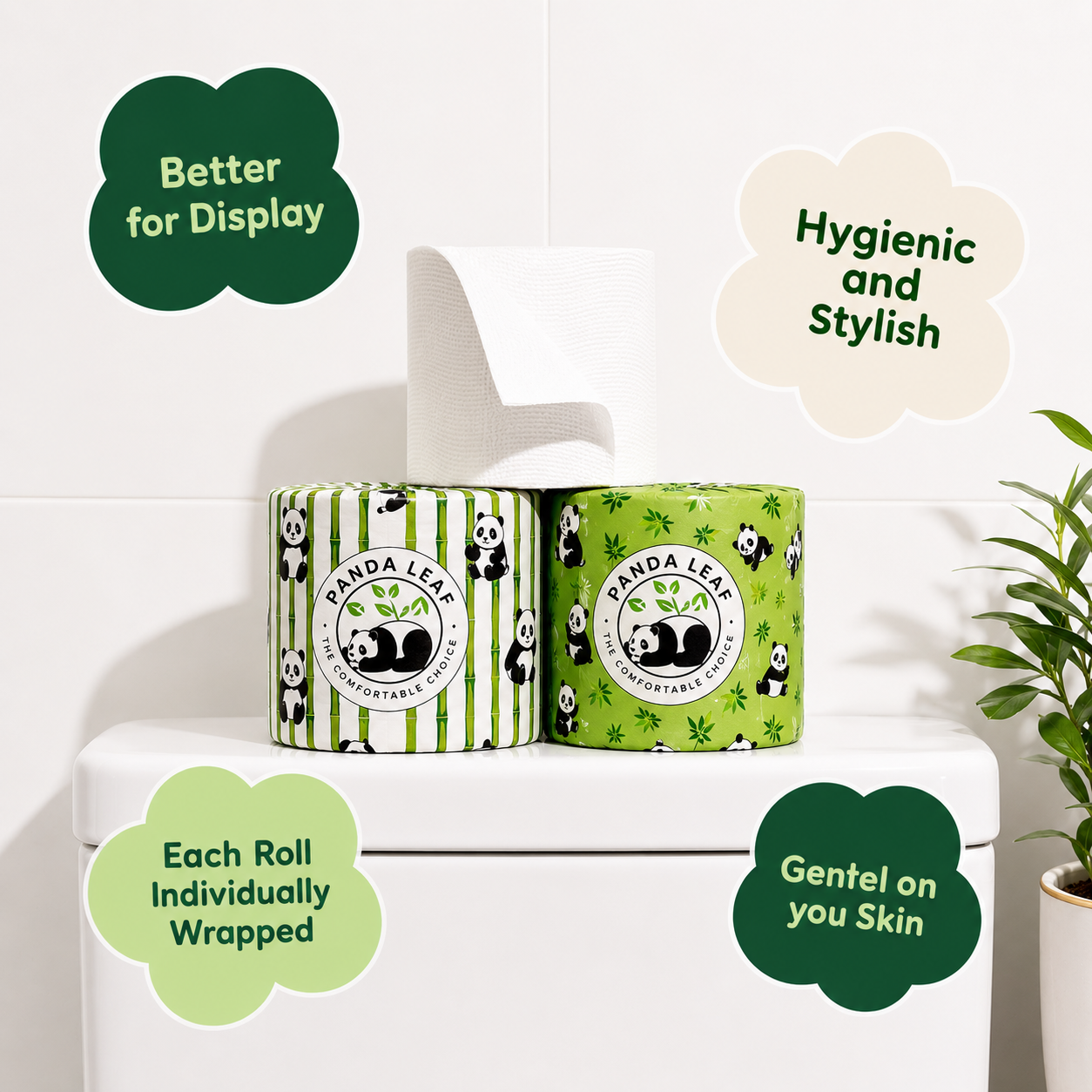 panda leaf bamboo toilet paper 45-roll pack, 3-ply ultra-soft and strong, with 250 sheets per roll, plastic-free packaging.