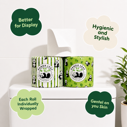 Panda Leaf bamboo toilet paper 45-roll pack, 3-ply ultra-soft and strong, with 250 sheets per roll, plastic-free packaging.