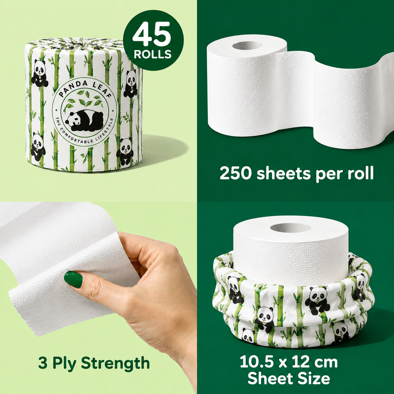 Panda Leaf premium bamboo toilet paper 45 rolls, 3-ply, ultra-soft, strong, 250 sheets per roll, plastic-free packaging.