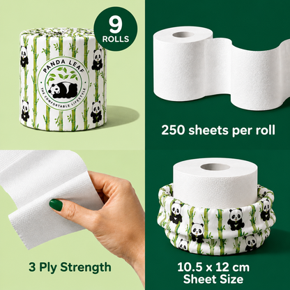 Panda Leaf premium bamboo toilet paper 9-pack with 3-ply ultra-soft sheets, plastic-free packaging, and 250 sheets per roll.