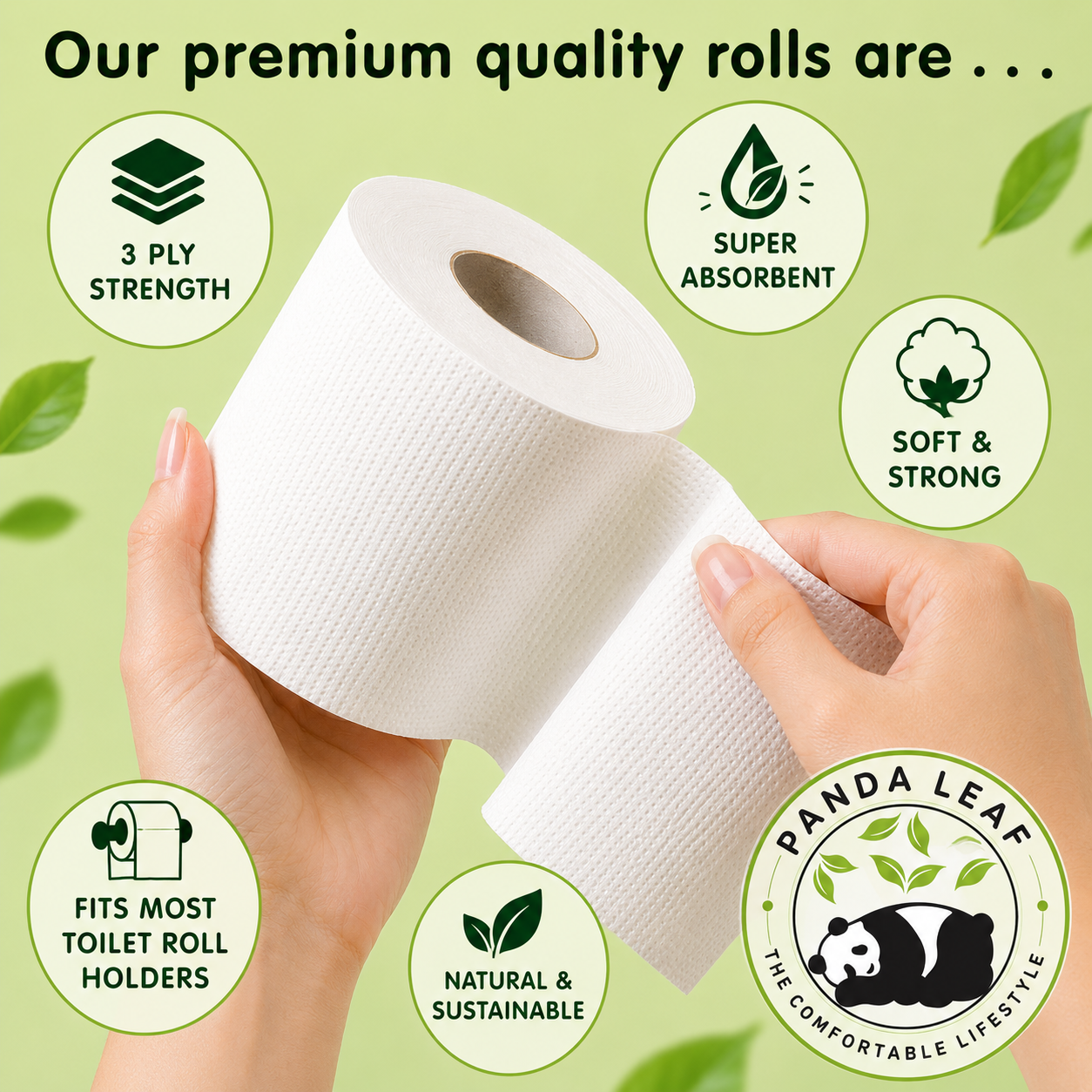 panda leaf bamboo toilet paper 45-roll pack with 3-ply ultra-soft sheets, plastic-free packaging, and 250 sheets per roll