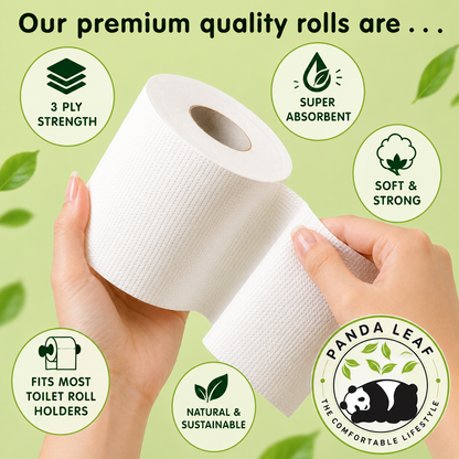 Panda Leaf bamboo toilet paper 45-roll pack with 3-ply ultra-soft sheets, plastic-free packaging, and 250 sheets per roll