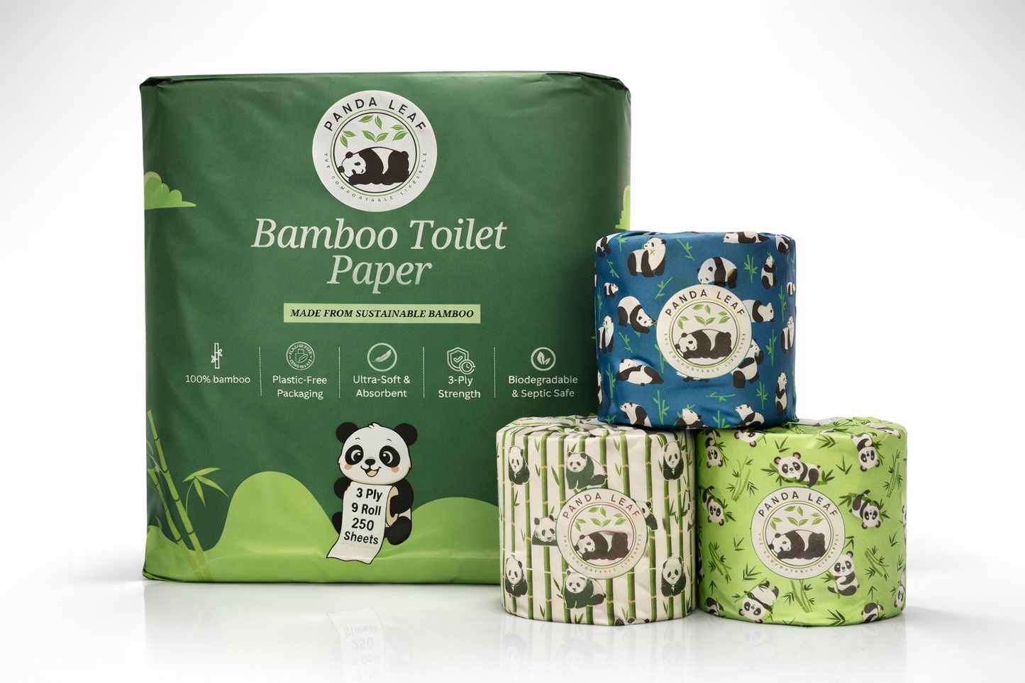 panda leaf premium bamboo toilet paper 9 rolls – 3 ply ultra soft & strong, 250 sheets per roll, extra large sheets, plastic-free packaging, biodegradable & septic safe