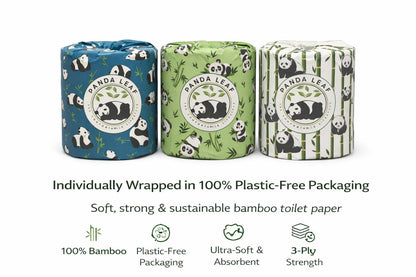 Panda Leaf Premium Bamboo Toilet Paper 24 Rolls Pack – 3 Ply Ultra Soft & Strong, 250 Sheets Per Roll, 10.5x12cm Sheets, Plastic-Free Packaging