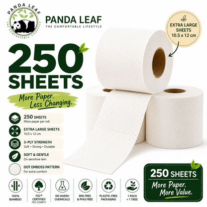 Panda Leaf bamboo toilet paper 45-roll pack with 3-ply ultra-soft, strong sheets, plastic-free packaging, 250 sheets per roll.