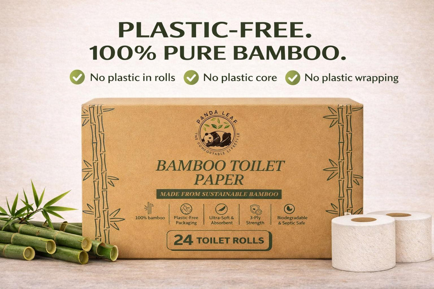 panda leaf premium bamboo toilet paper 24 rolls pack – 3 ply ultra soft & strong, 250 sheets per roll, 10.5x12cm sheets, plastic-free packaging