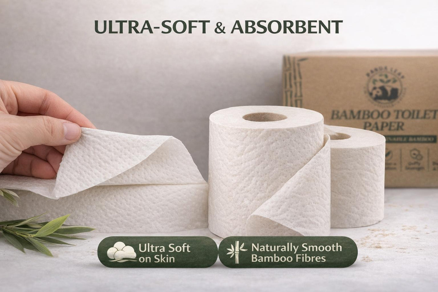 panda leaf premium bamboo toilet paper 24 rolls pack – 3 ply ultra soft & strong, 250 sheets per roll, 10.5x12cm sheets, plastic-free packaging